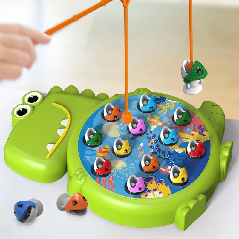 A green magnetic fishing toy set with several small plastic fish being caught by an orange fishing rod.