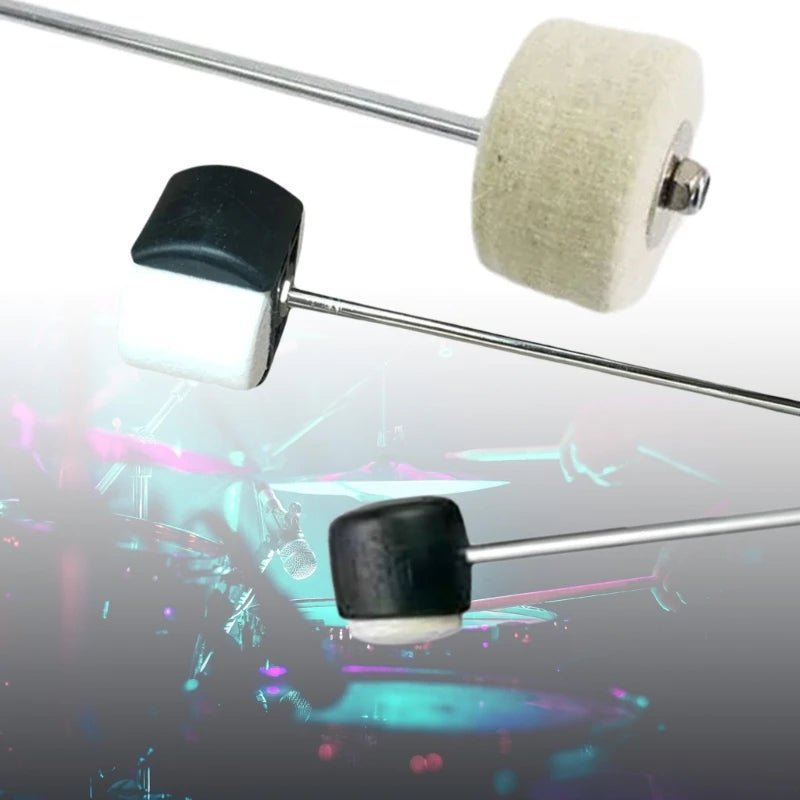 A dual-sided bass drum pedal beater with felt and rubber heads shown in various configurations.