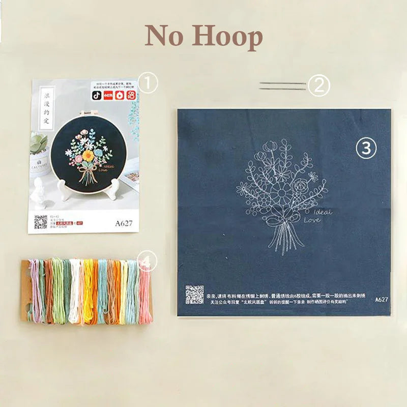 Beginner Embroidery Kit with Floral and Cat Patterns