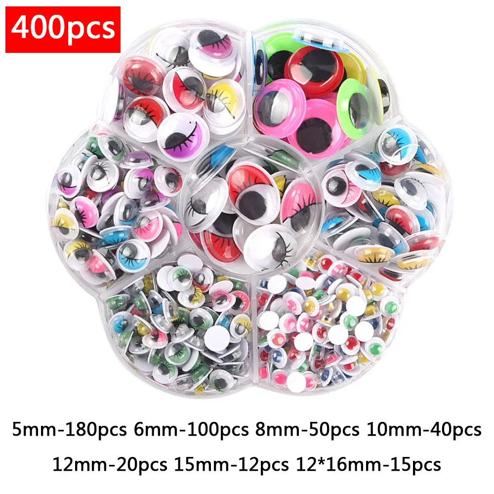 A clear plastic container filled with various self-adhesive moving eyes in mixed sizes and colors for crafts and DIY decorati