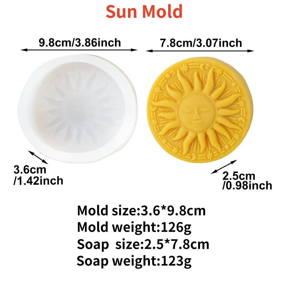 A yellow silicone sun mold and a white mold are shown with their respective dimensions for making candles or soap.