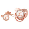 Rose gold bling baby pacifier clip with silicone holder featuring a delicate L charm
