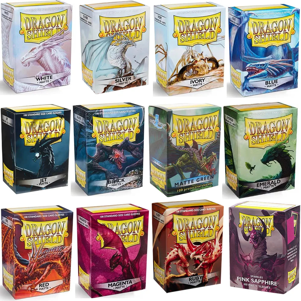 A collection of Dragon Shield card sleeves in various colors including red, purple, and green.