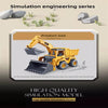A yellow simulation engineering series excavator toy truck model with a scoop and bucket is shown on a light background.