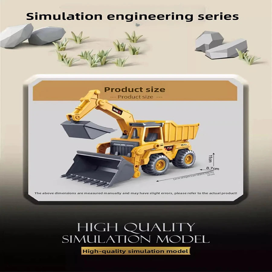 A yellow simulation engineering series excavator toy truck model with a scoop and bucket is shown on a light background.