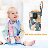 A baby sitting on the floor next to a milk bottle insulation sleeve product.