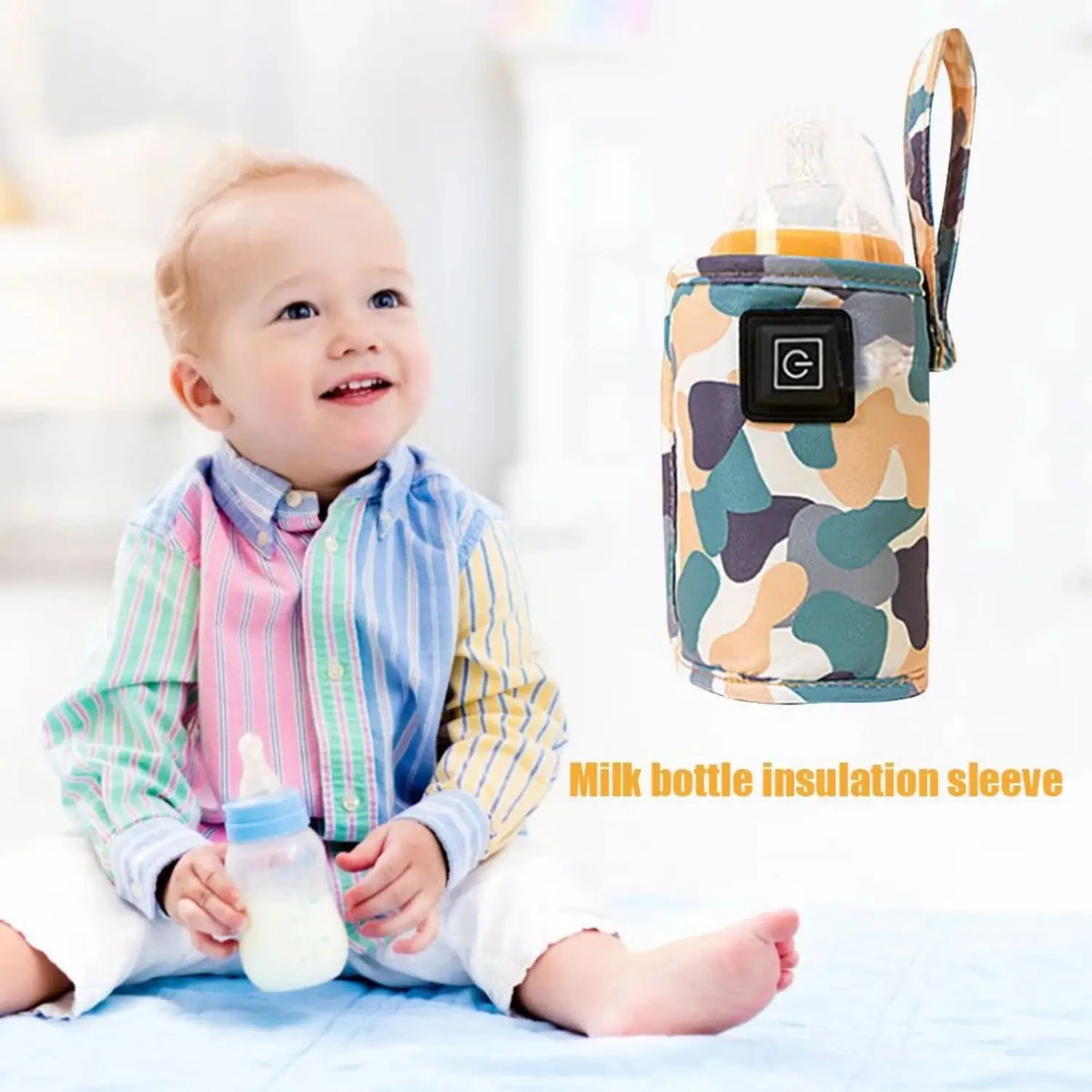 A baby sitting on the floor next to a milk bottle insulation sleeve product.