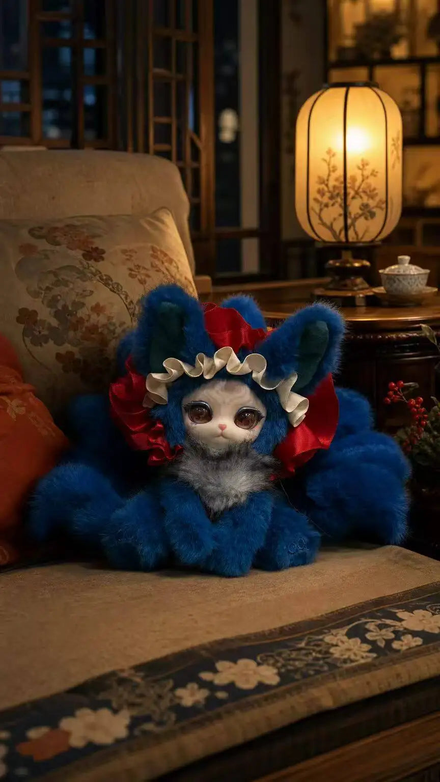 A fluffy blue fox plush collectible with white accents sitting on a wooden surface next to a lit lamp.