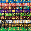A collection of 10 multicolor acrylic dice with rounded corners arranged in a grid.