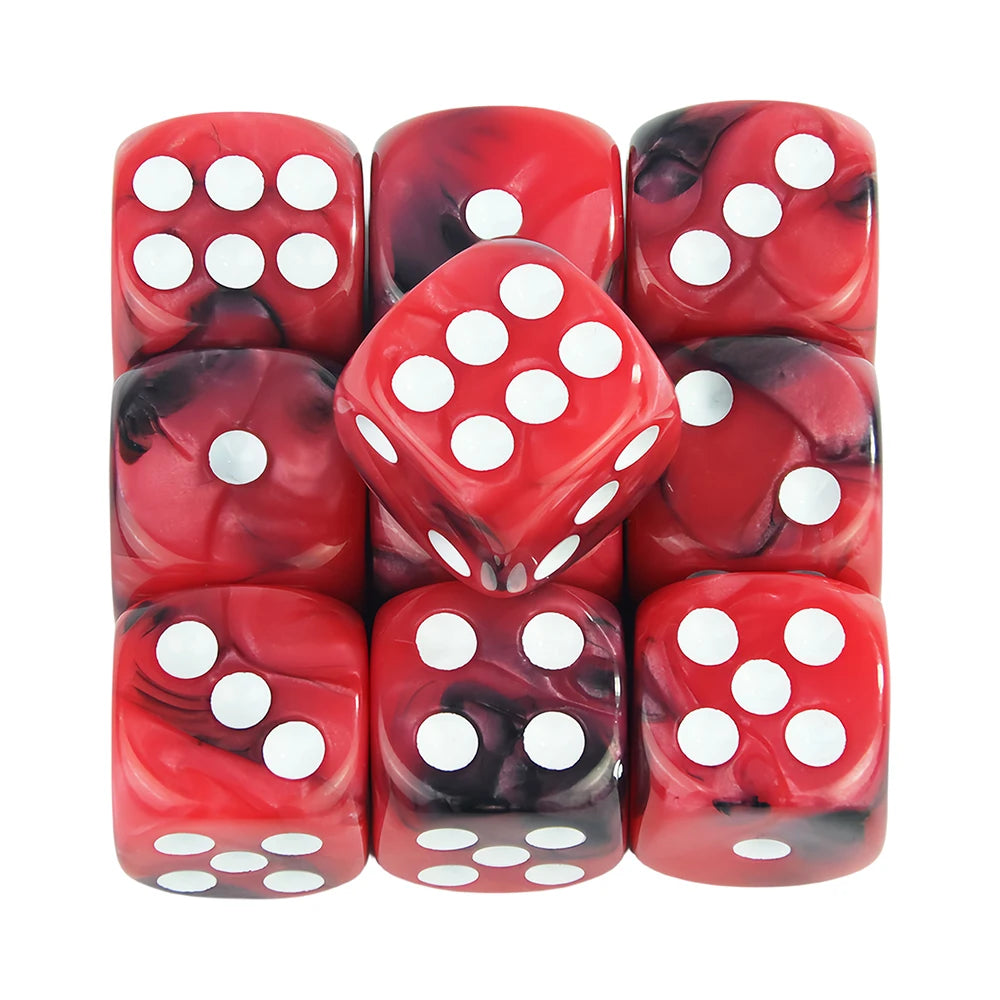 A set of ten 12mm mixed-color dice, featuring red and black marbled surfaces with white dots.