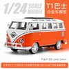 1/24 scale model of an orange vintage style metal bus with pull-back action features.