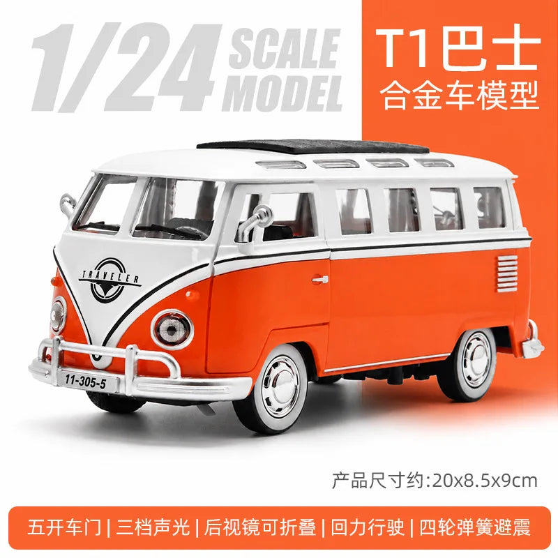 1/24 scale model of an orange vintage style metal bus with pull-back action features.