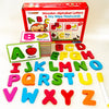 A set of wooden alphabet letters and dry wipe flashcards for learning, including uppercase and lowercase letters.