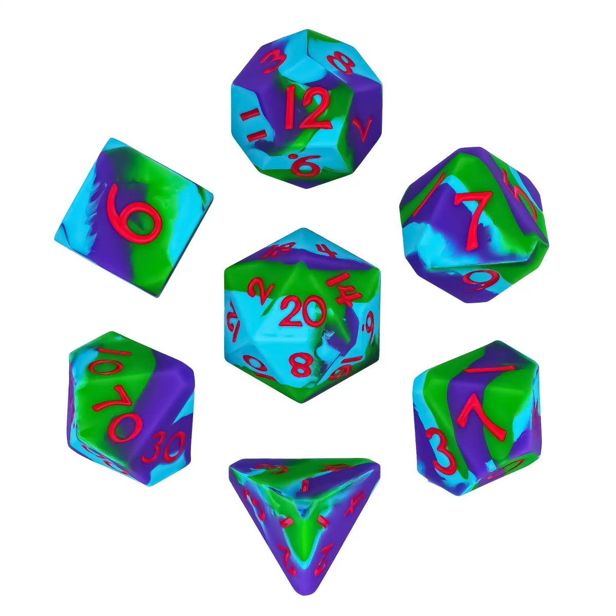 A set of silicone polyhedral dice, including a d6, d8, d10, and d12, displayed against a white background.