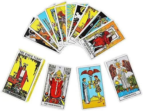 A collection of tarot cards featuring various imagery and symbols from the Rider-Waite deck.