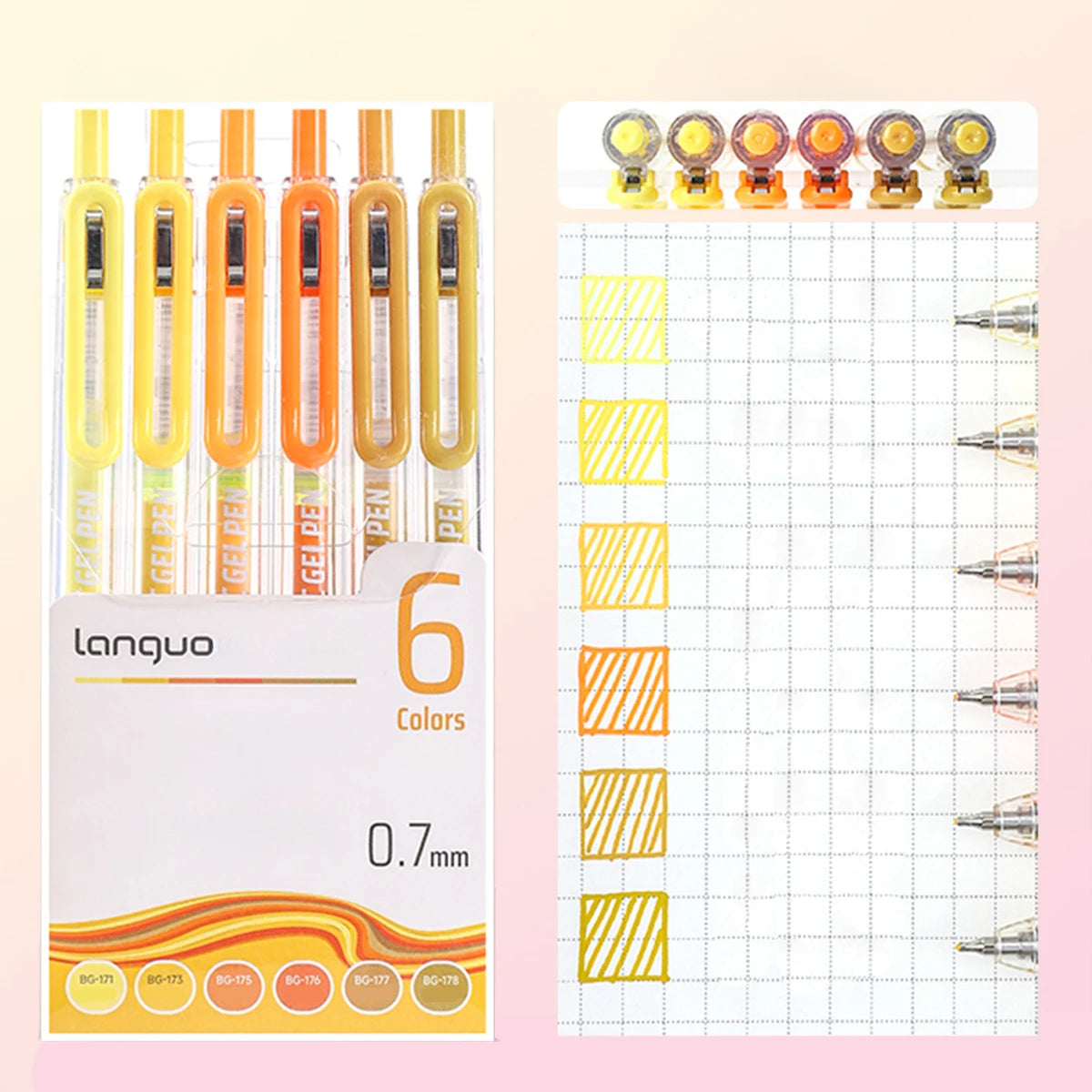 A pack of six yellow and orange retractable gel pens with 0.7mm tips displayed next to a grid paper for writing.