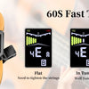 A rechargeable clip-on tuner is shown on a guitar neck, demonstrating flat, in tune, and sharp tuning.