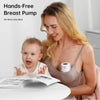 A blonde woman is using a hands-free breast pump on a baby, demonstrating the device.