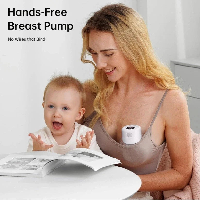 A blonde woman is using a hands-free breast pump on a baby, demonstrating the device.