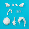 A collection of white lunar-themed posable doll parts and accessories displayed on a blue background.