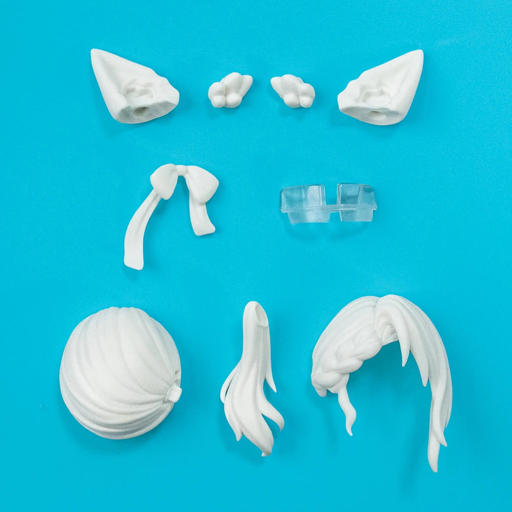 A collection of white lunar-themed posable doll parts and accessories displayed on a blue background.