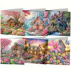 A set of diamond painting cards featuring detailed floral and bird designs in pink, green, and white hues.