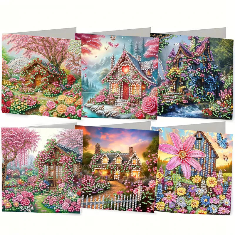 A set of diamond painting cards featuring detailed floral and bird designs in pink, green, and white hues.