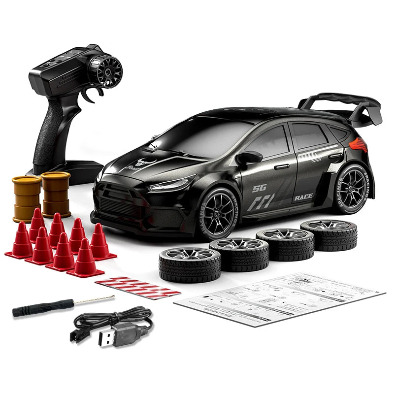A black RC drift car with LED lights, a remote control, and various accessories are displayed on a white background.
