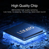 A blue integrated circuit chip labeled LEKATO resting on a dark electronic circuit board with bright blue light.