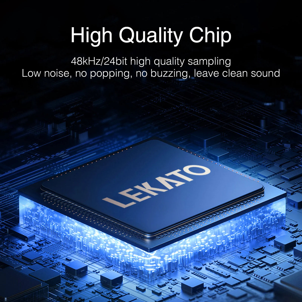 A blue integrated circuit chip labeled LEKATO resting on a dark electronic circuit board with bright blue light.
