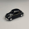 A glossy black diecast model of a classic retro Beetle with gold pinstriping.