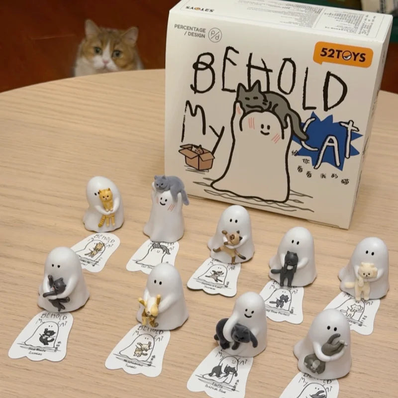 A collection of mini blind box figurines depicting cats in various poses and expressions.
