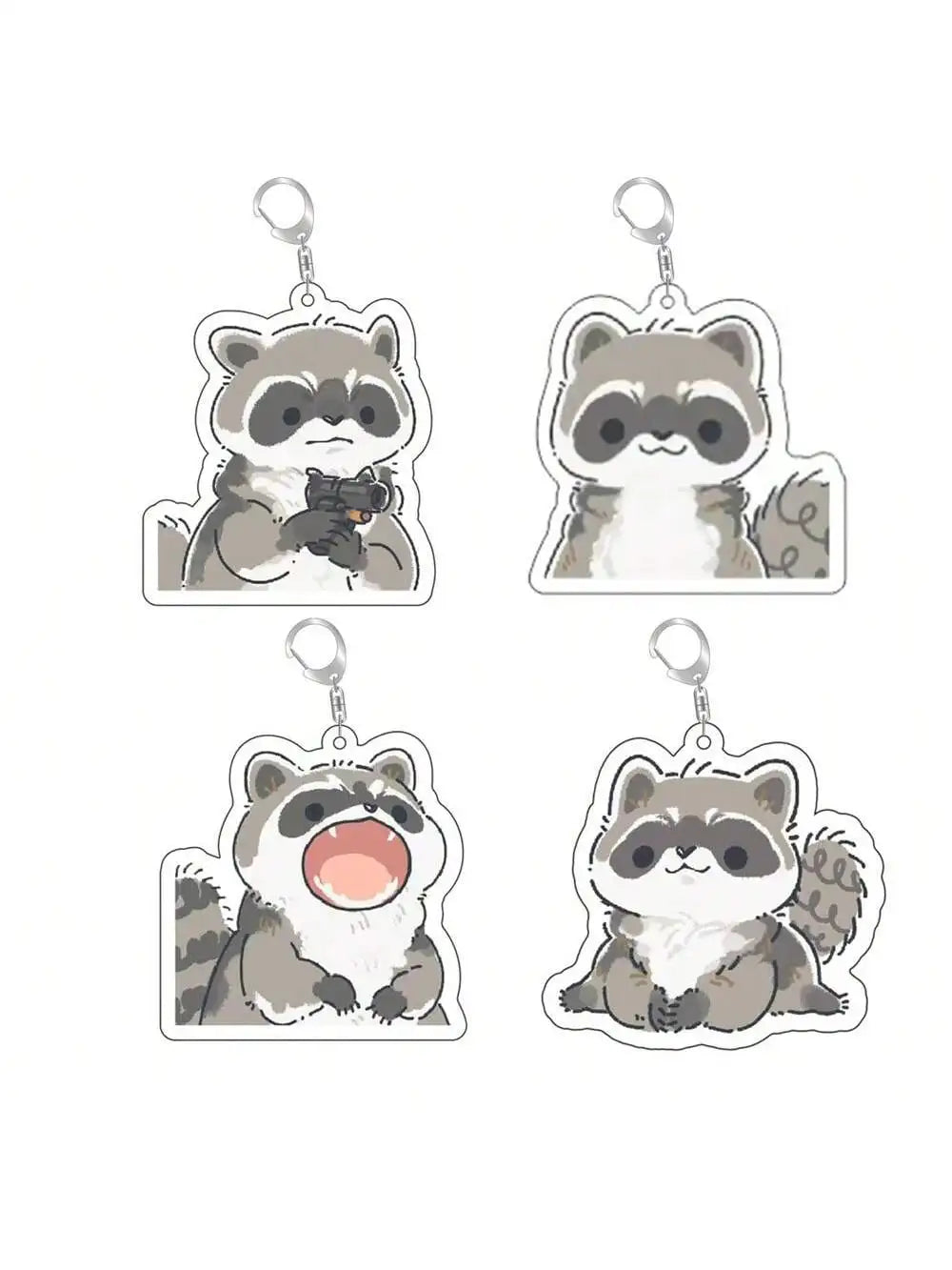 Three acrylic keychains featuring cute raccoon characters with different expressions