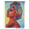 A close-up portrait of a woman wearing a colorful headwrap, painted in diamond art style.