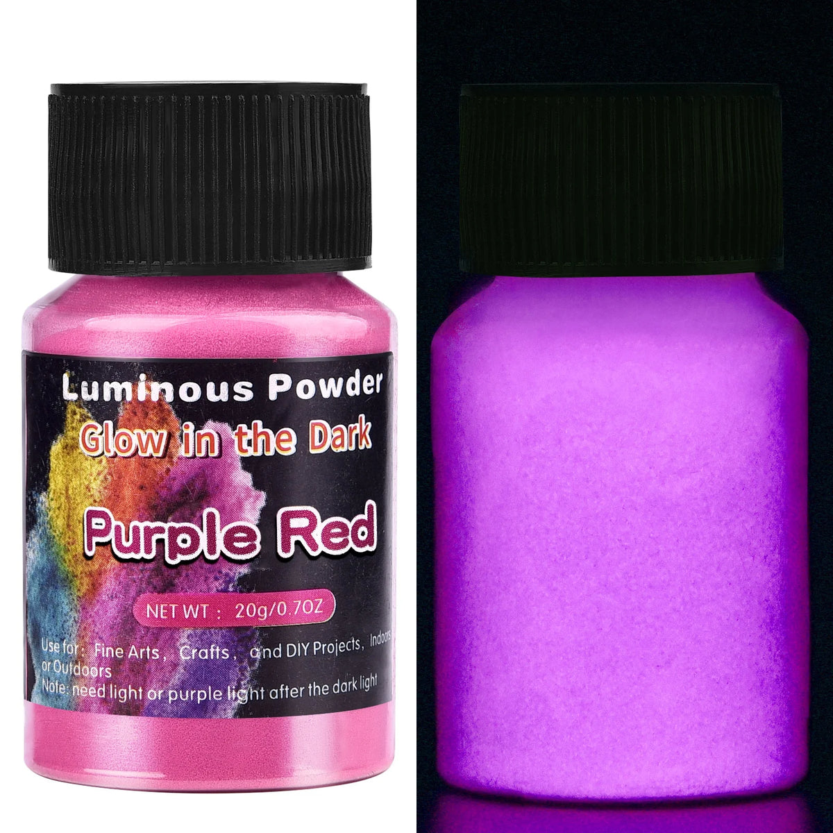 A bottle of Luminous Glow-in-the-Dark Purple Red pigment powder for art projects