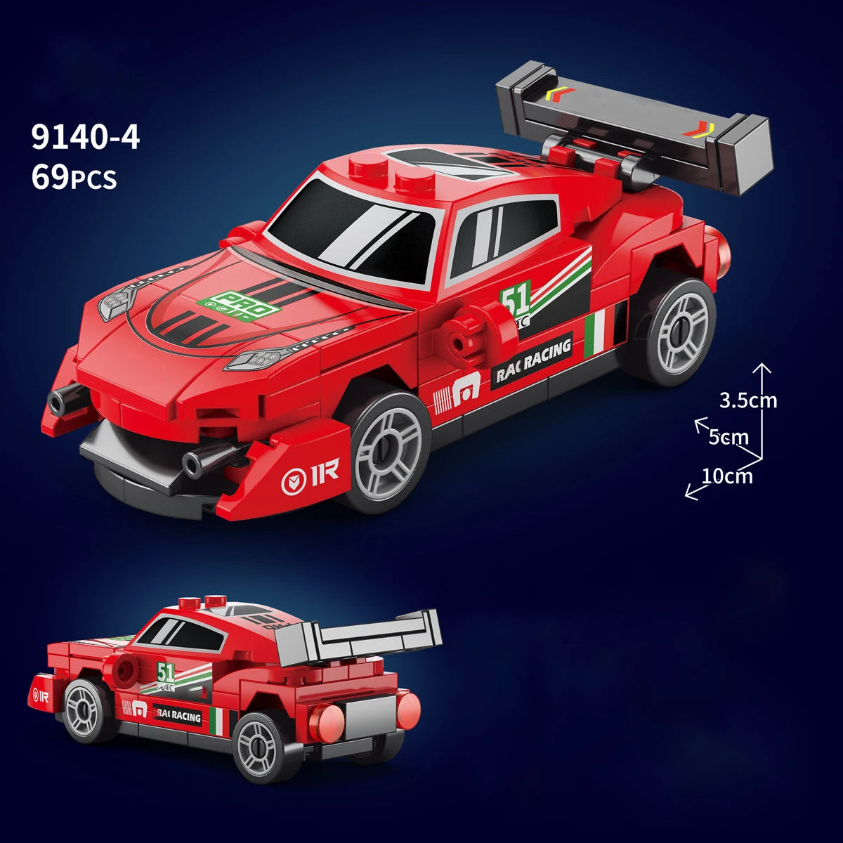 A red and black die-cast model of a rally car built from building blocks.