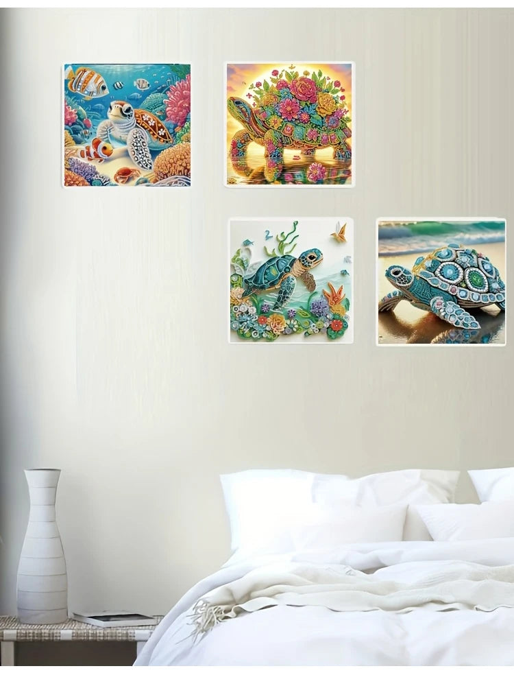 Three framed diamond paintings featuring sea turtles and colorful floral backgrounds.