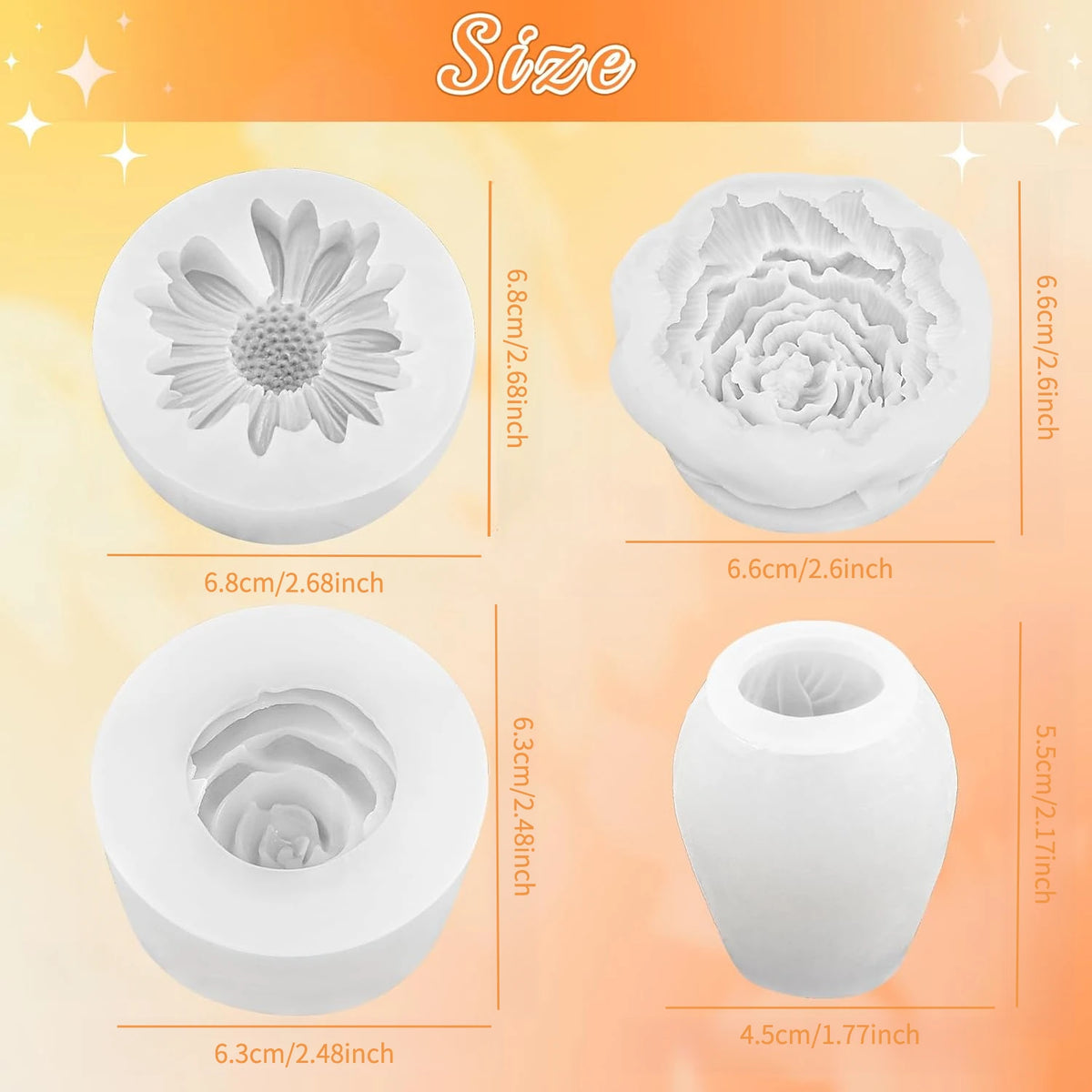 A set of four white silicone flower molds showing various sizes and shapes for DIY crafts.