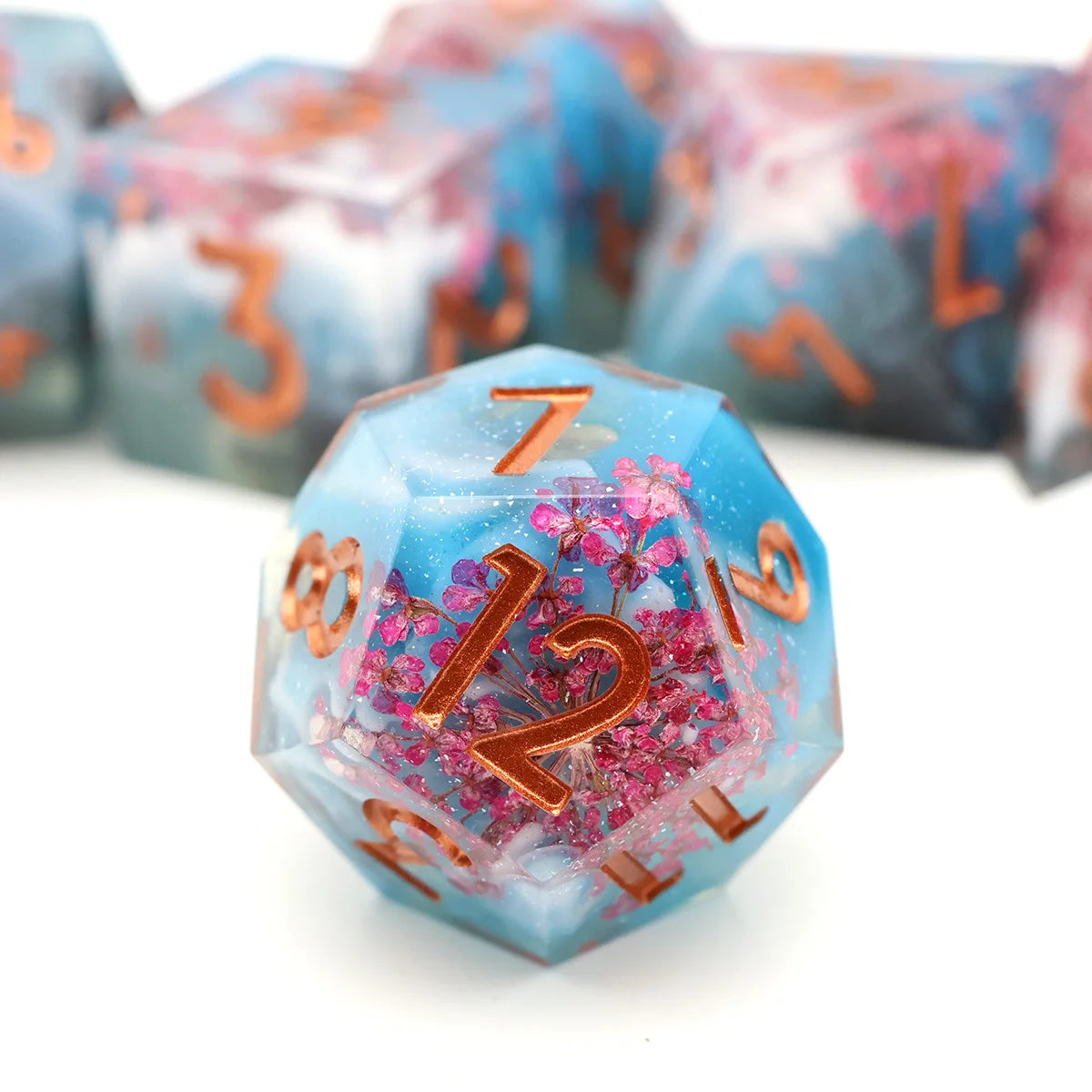 Handmade Resin D&D Dice Set – 7 Polyhedral Dice with Floral Design