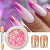 A set of iridescent opal and mermaid chrome nail glitter pigment powders shown on fingernails and in a jar.