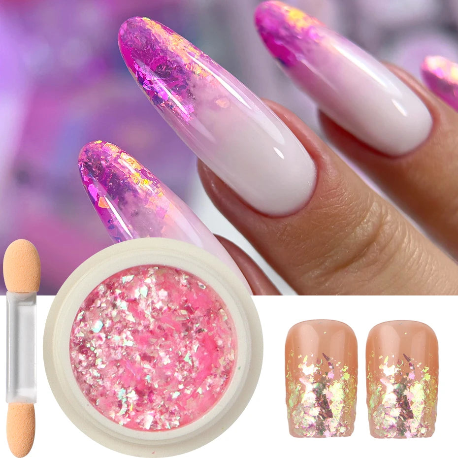 A set of iridescent opal and mermaid chrome nail glitter pigment powders shown on fingernails and in a jar.