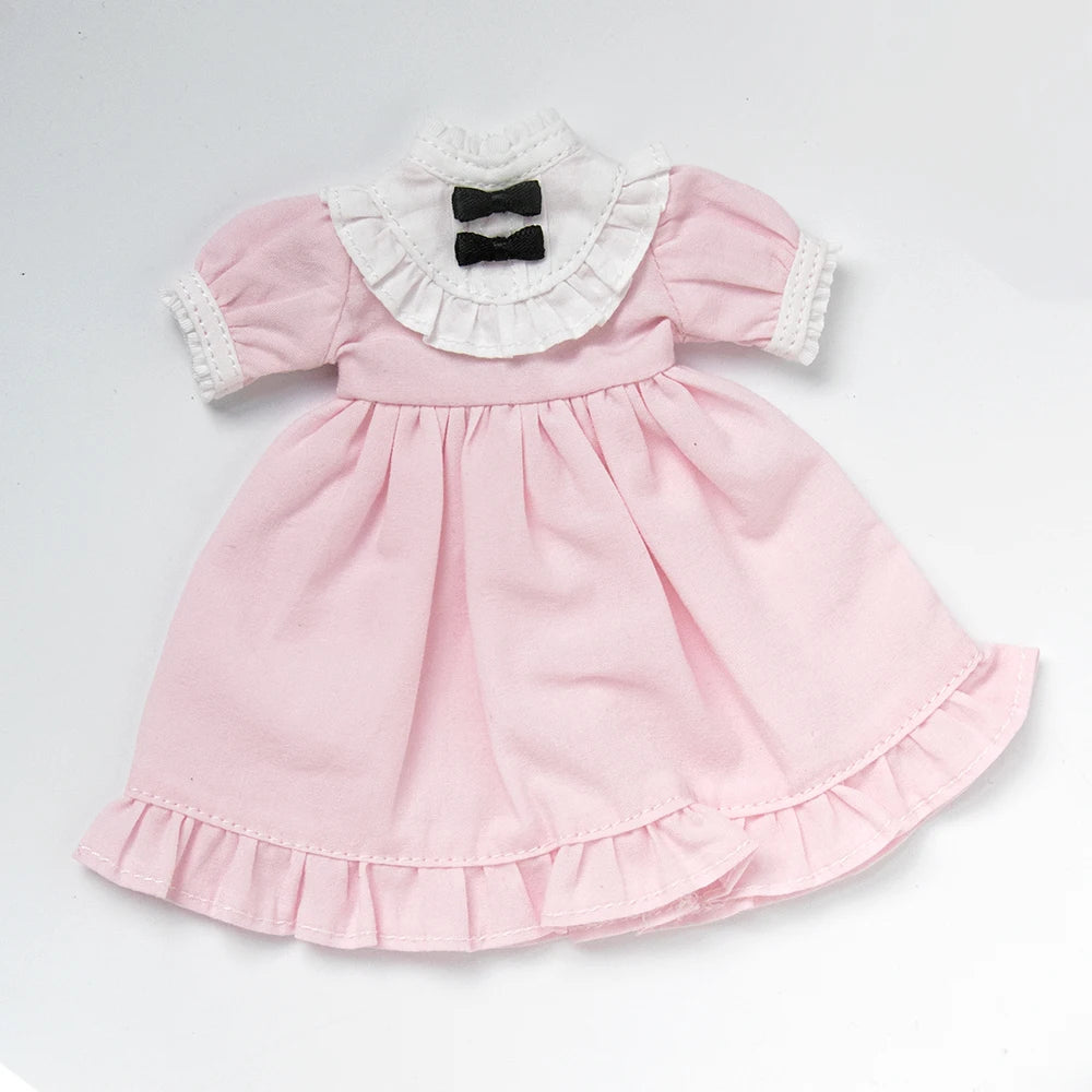 Pink vintage lace maid dress set for 1/6 scale dolls featuring a ruffled collar and bow detail