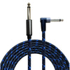 A black instrument cable with a 6.35mm connector and a blue braided cord.