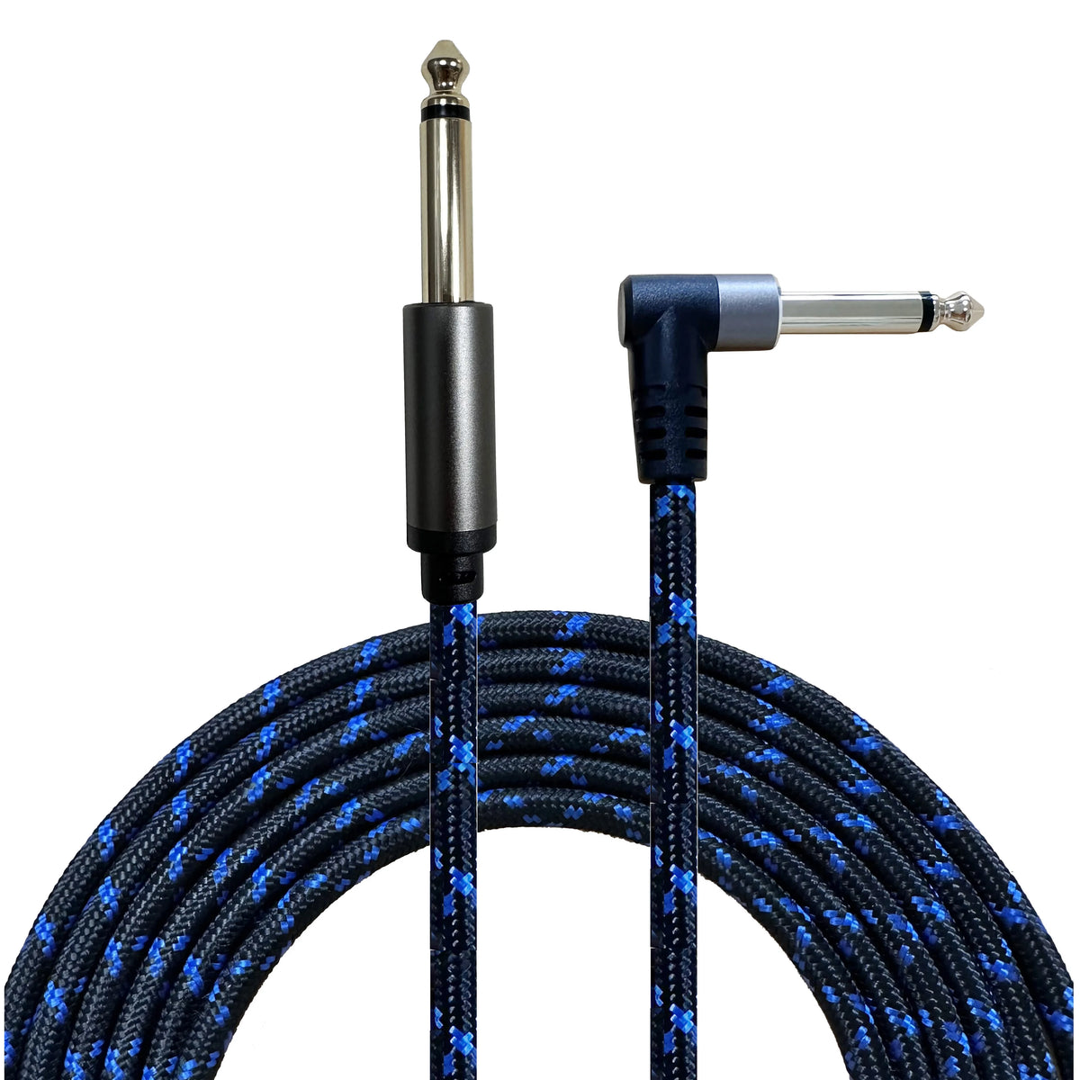 A black instrument cable with a 6.35mm connector and a blue braided cord.