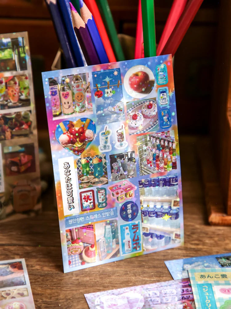 A colorful Japanese vintage kawaii sticker pack featuring various cute designs for scrapbooking and journaling.
