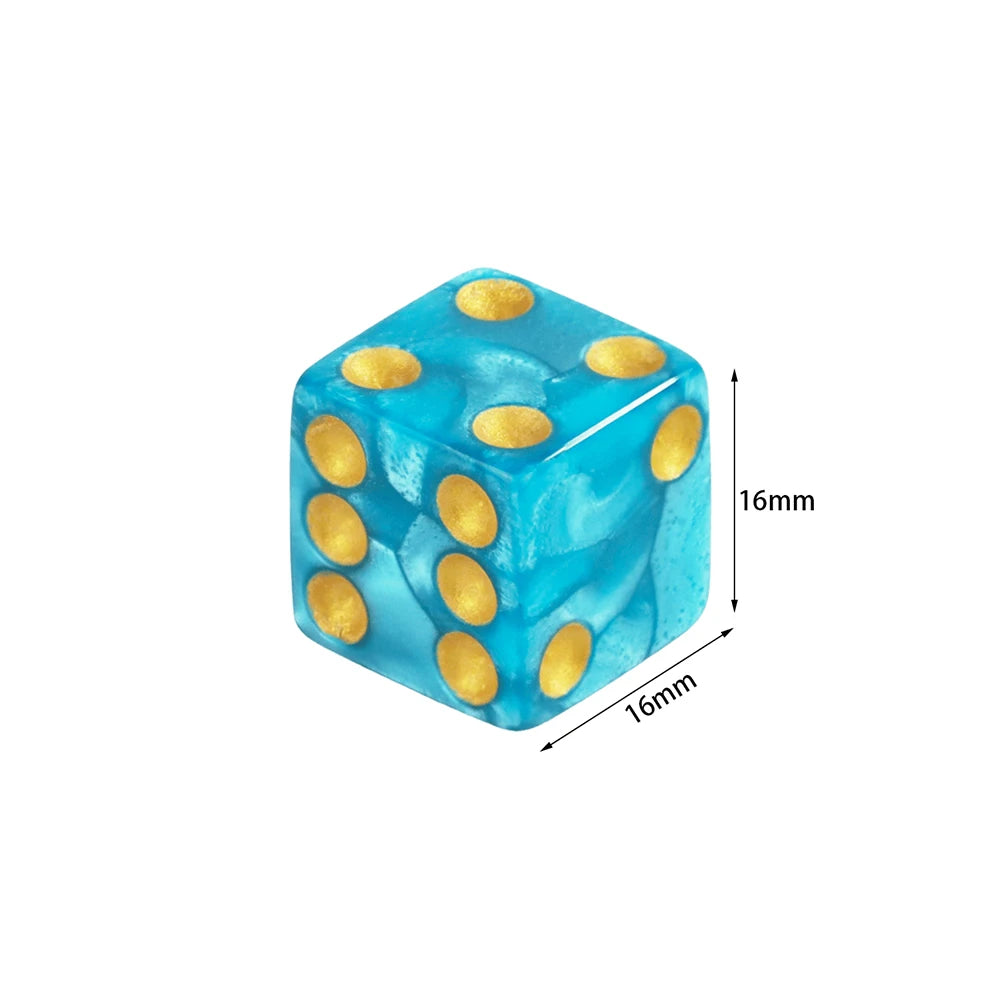 A translucent blue acrylic die with gold dots, shown from above and side views.