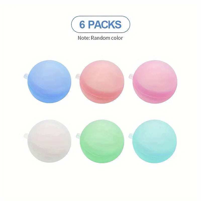 Six packs of reusable silicone water balloons in various colors including blue, pink, and green.