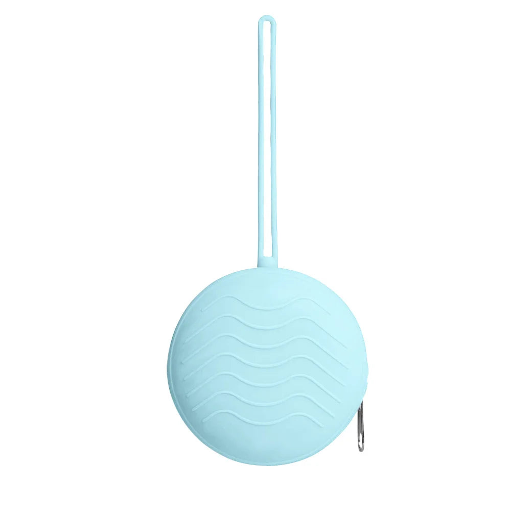 Light blue silicone pacifier holder with a long strap and a circular soother case.