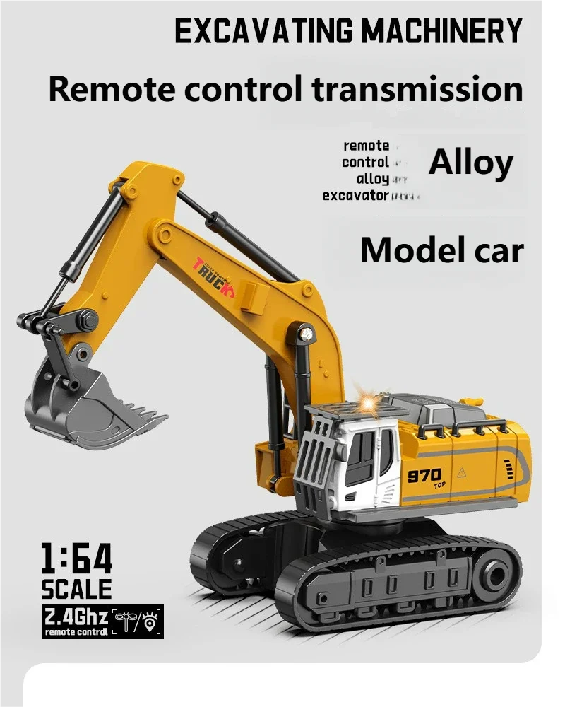 A yellow remote control model excavator in 1:64 scale with a tracked base and hydraulic arm.