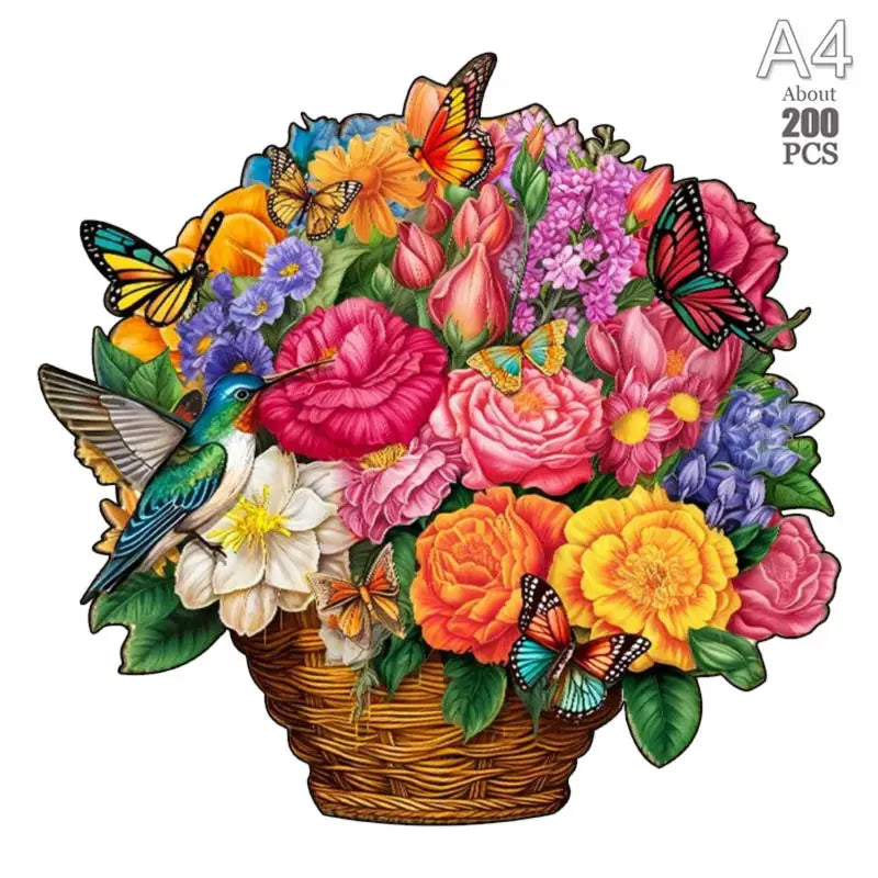 A vibrant bouquet of flowers, butterflies, and a bird in a woven basket for a wooden animal puzzle set.